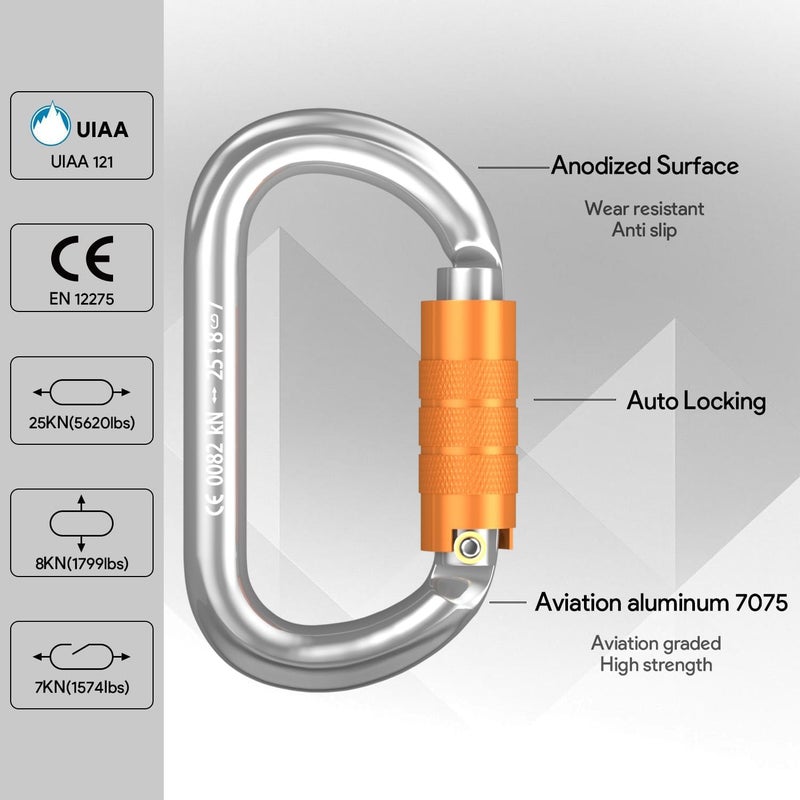 FVW CE Certified Auto Locking Climbing Carabiners, Professional 25KN (5620 lbs) Heavy Duty Caribeaners for Rappelling Swing Rescue & Gym etc, Large D-Shaped Carabiners - Image 5